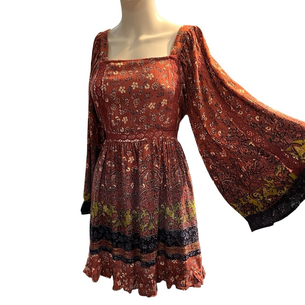 Angie Dress Brown Tiered Mini Crochet Smocked M Boho Hippie Festival Western
